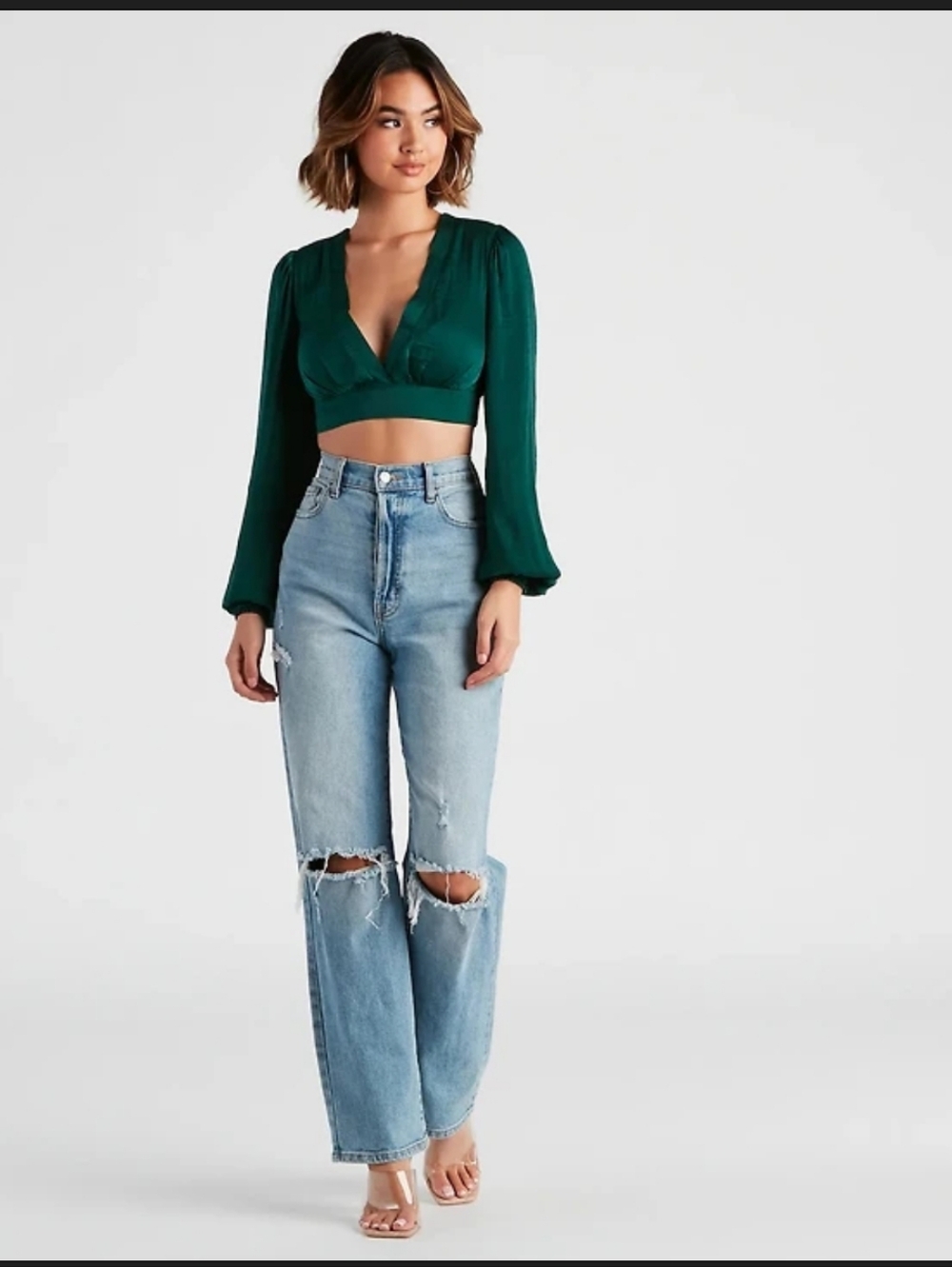 New Windsor Green Satin Cropped Blouse